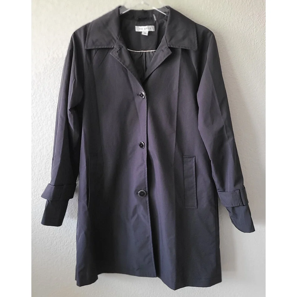 Via Spiga Black Single Breasted Mid-Length Trench Coat Size Medium Pockets Lined